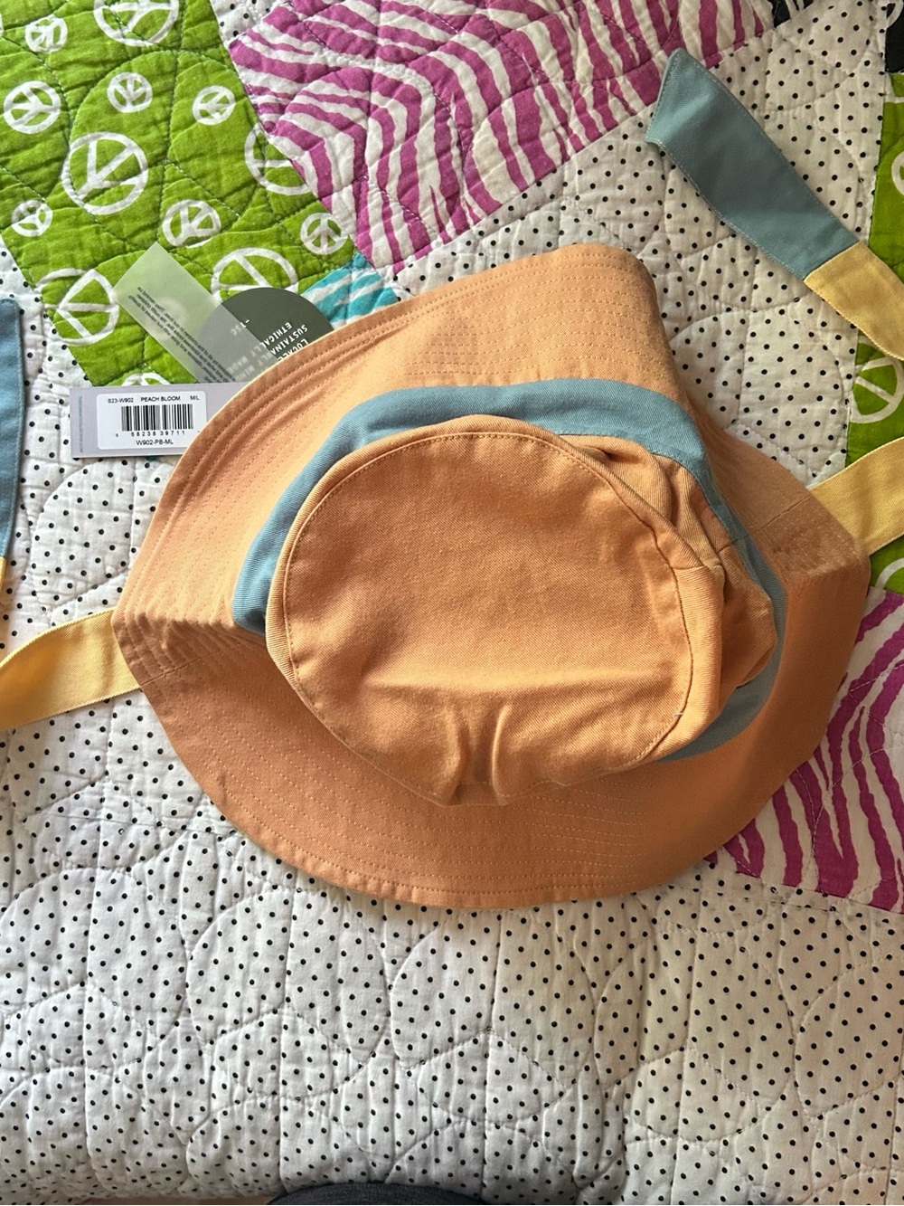 Peach and Light Blue Kids Bucket Hat with Yellow Chin Strap